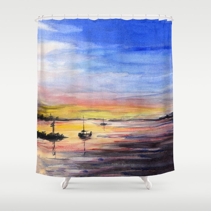 Beautiful Sunset Watercolor Painting Shower Curtain By Olechka