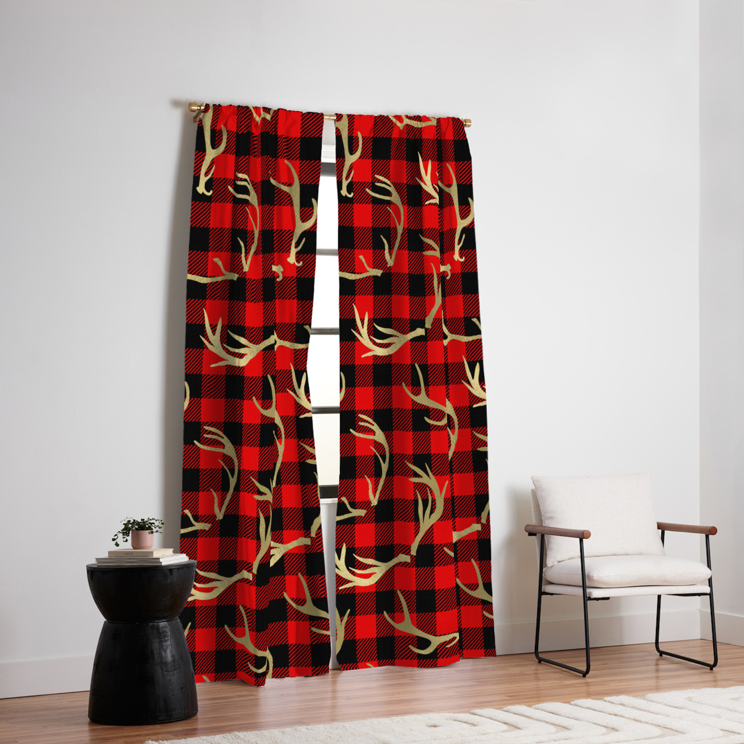 Gold Antlers Red Plaid Blackout Curtain By Christyne Society6