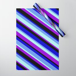 [ Thumbnail: Colorful Blue, Cornflower Blue, Turquoise, Dark Violet, and Black Colored Pattern of Stripes Wrapping Paper ]
