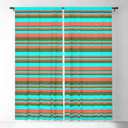 [ Thumbnail: Red, Dark Olive Green & Aqua Colored Lined Pattern Blackout Curtain ]