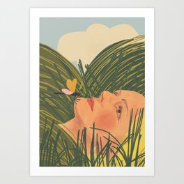 Dream Art Print | Curated, Portrait, Meadow, Butterfly, Green, Dream, Girl, Gigi Rosado, Nature, Dragonfly 