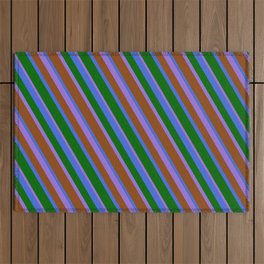 [ Thumbnail: Purple, Brown, Royal Blue & Dark Green Colored Stripes Pattern Outdoor Rug ]