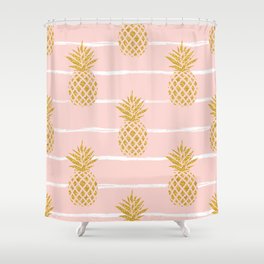 Seamless summer gold pineapple on pink striped Shower Curtain