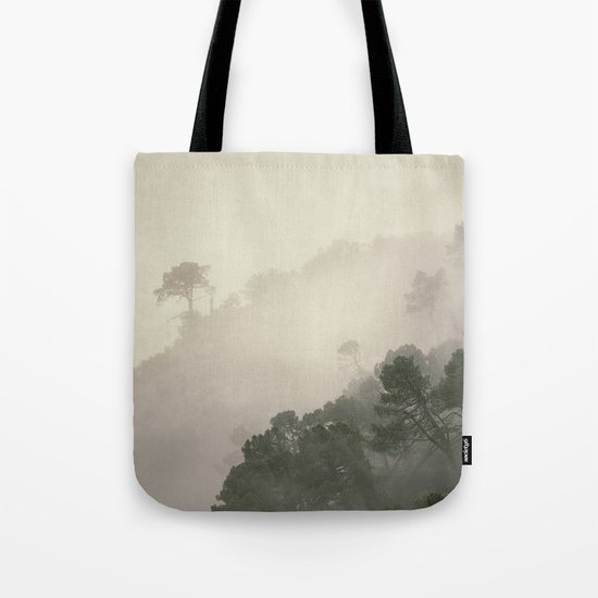 "Mountain light II". Foggy forest. Tote Bag