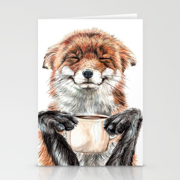 " Morning fox " Red fox with her morning coffee Stationery Cards
