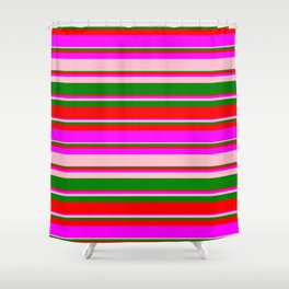 [ Thumbnail: Green, Red, Fuchsia, and Pink Colored Lined/Striped Pattern Shower Curtain ]