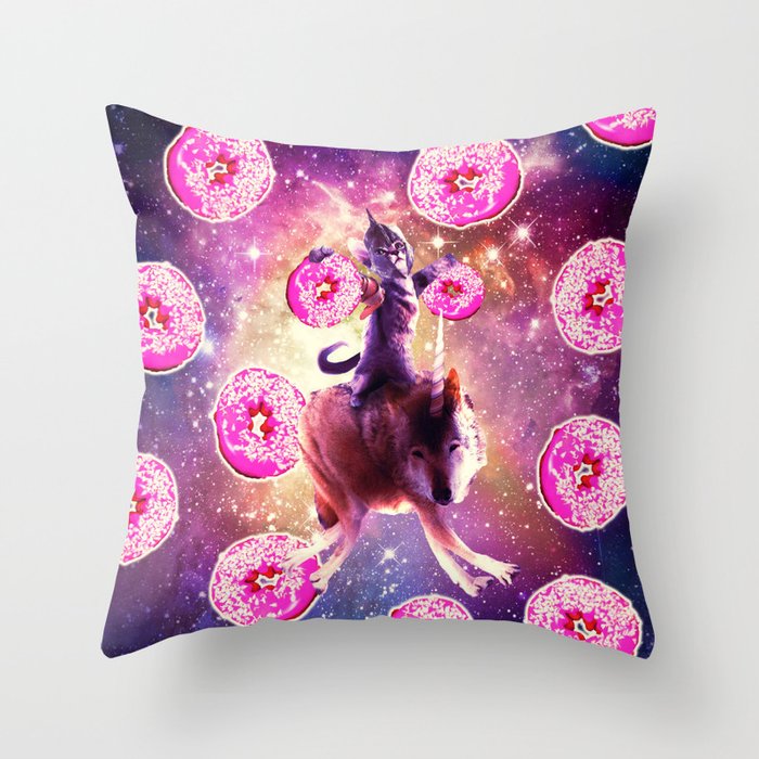 Warrior Space Cat On Wolf Unicorn - Donut Throw Pillow