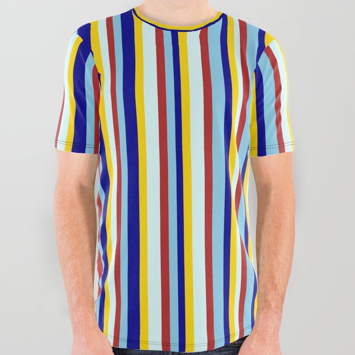 Vibrant Red, Light Cyan, Yellow, Dark Blue, and Sky Blue Colored Lines Pattern All Over Graphic Tee