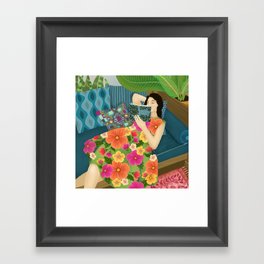 Women Who Read Are Dangerous- Woman reading plant filled room Framed Art Print