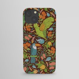 Turquoise toucan with green cockatoo amoung exotic fruits on dark background iPhone Case