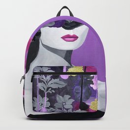 Raspberry Beret Backpack | Oldhollywood, Feminine, Blackdress, Flowers, Blackandgrey, Acrylic, Woman, Painting, Purple, Black And White 