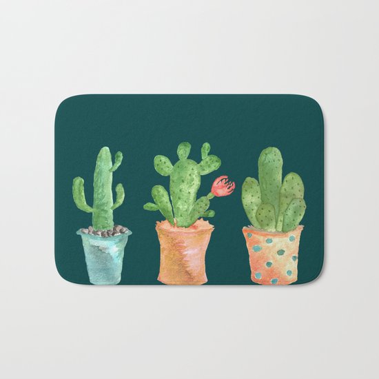 Three Green Cacti On Green Background Bath Mat