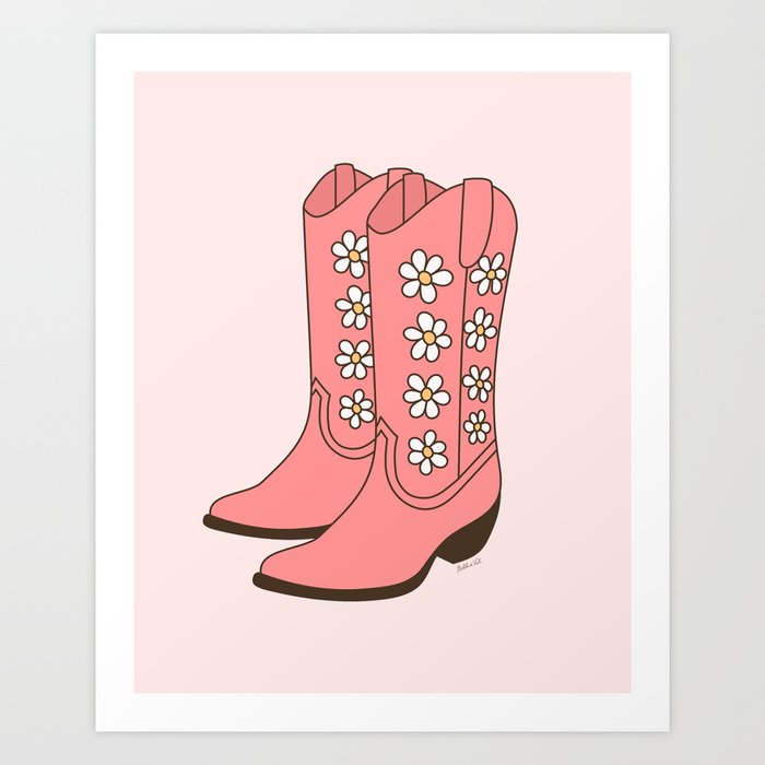 Western Vintage Floral Cowgirl Boots with Daisies in Blush and Pink Art Print