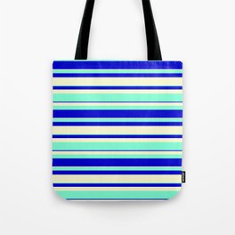 [ Thumbnail: Light Yellow, Aquamarine, and Blue Colored Striped/Lined Pattern Tote Bag ]