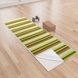 [ Thumbnail: Light Green, Dark Red, Green, and Beige Colored Lines Pattern Yoga Towel ]