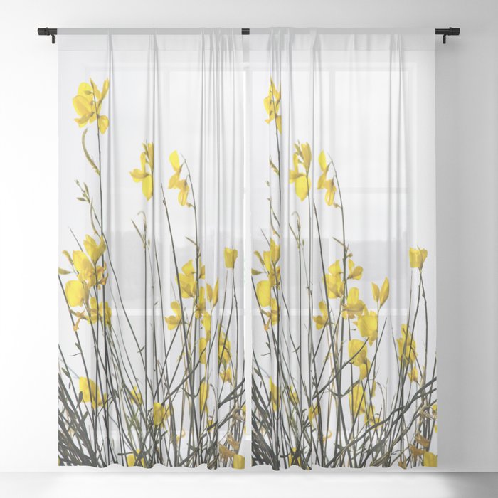 Minimal Garden -Yellow Version - Black Stems with Yellow Petals On White #decor #society6 #buyart Sheer Curtain