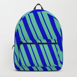 [ Thumbnail: Aquamarine and Blue Colored Pattern of Stripes Backpack ]