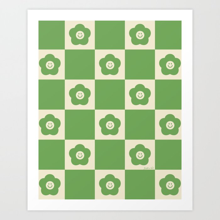 Happy Checkered Flowers Green Art Print