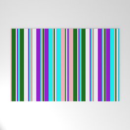 [ Thumbnail: Eye-catching Dark Violet, Cyan, Light Pink, Dark Green, and White Colored Lined Pattern Welcome Mat ]