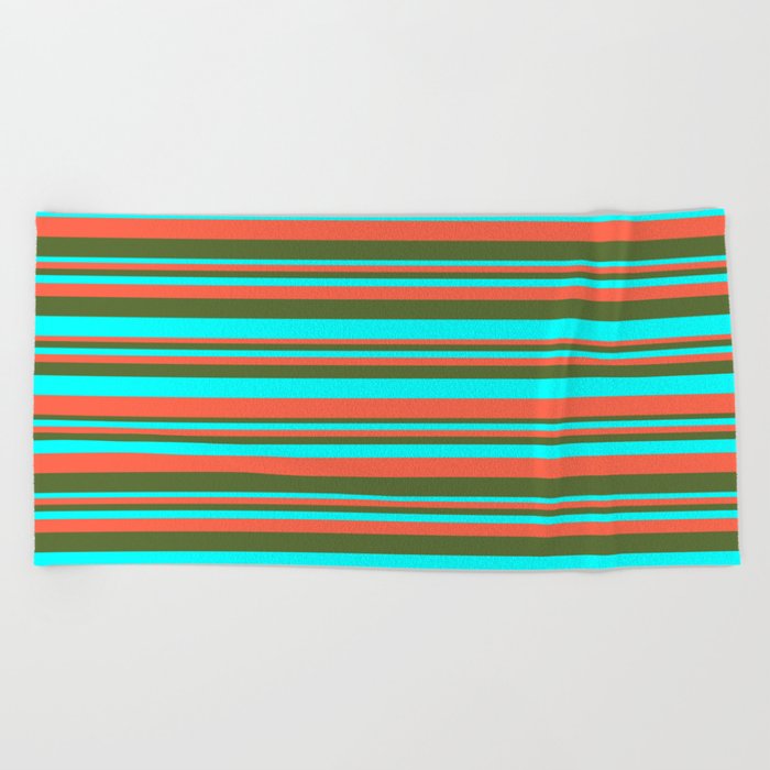 Red, Dark Olive Green & Aqua Colored Lined Pattern Beach Towel