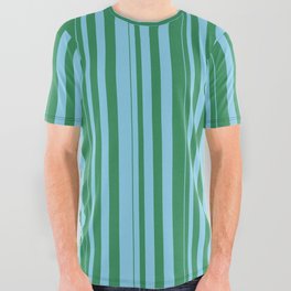 [ Thumbnail: Sea Green and Sky Blue Colored Stripes/Lines Pattern All Over Graphic Tee ]
