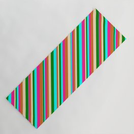 [ Thumbnail: Eye-catching Tan, Green, Cyan, Deep Pink, and Chocolate Colored Pattern of Stripes Yoga Mat ]