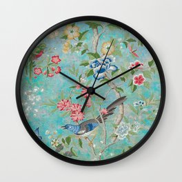 Chinoiserie Aqua Turquoise Peony Bird Garden  Wall Clock