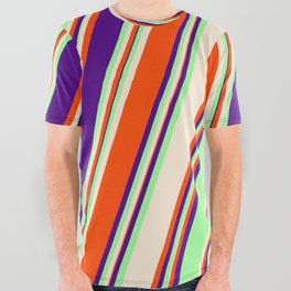 [ Thumbnail: Green, Beige, Red & Indigo Colored Stripes Pattern All Over Graphic Tee ]