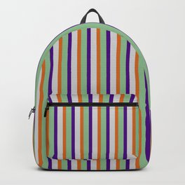 [ Thumbnail: Dark Sea Green, Indigo, Light Grey & Chocolate Colored Pattern of Stripes Backpack ]