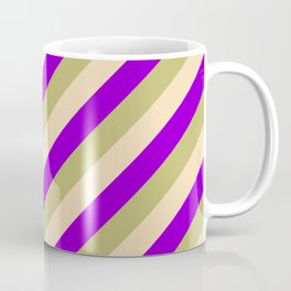 [ Thumbnail: Dark Khaki, Tan, and Dark Violet Colored Striped Pattern Coffee Mug ]