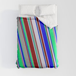 [ Thumbnail: Green, Blue, Lavender, Dark Red, and Dark Gray Colored Stripes Pattern Duvet Cover ]