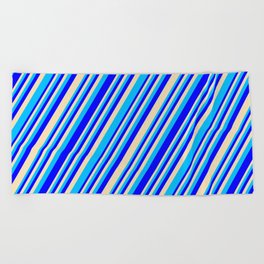 [ Thumbnail: Blue, Tan, and Deep Sky Blue Colored Lined/Striped Pattern Beach Towel ]