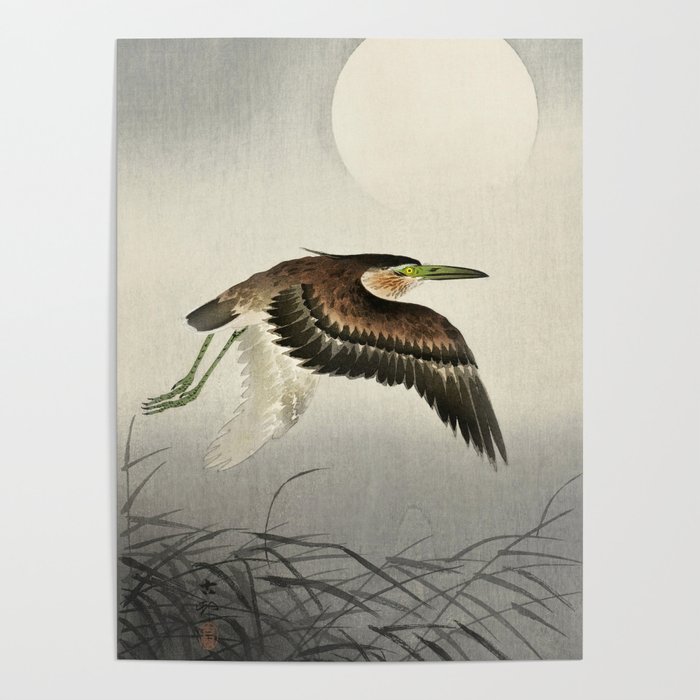 Ohara Koson, Flying Heron And Full Moon -Vintage Japanese Woodblock Print Poster