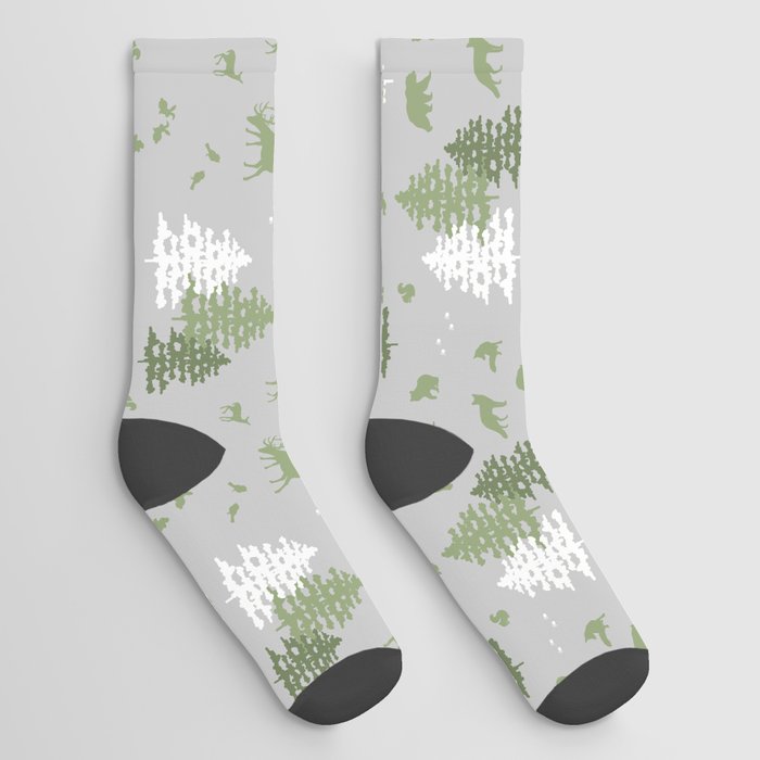 Woodland Forest Animals Sage Green Socks