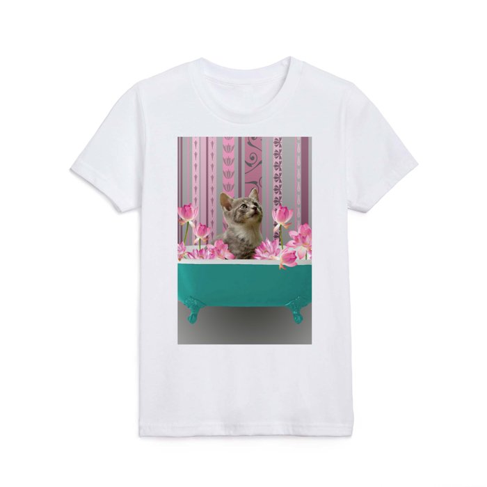 Turquoise Bathtub wit grey Kitty Cat and Lotus Flowers Kids T Shirt