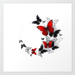 Flight of Black and Red Butterflies Morpho Art Print