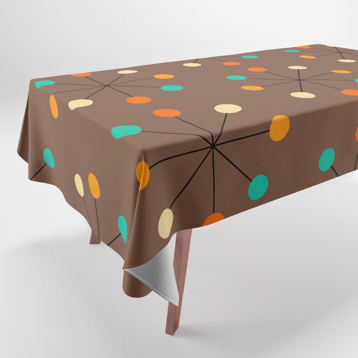 50s Mid Century Modern Atomic Pattern in Brown, Orange, Yellow & Turquoise Tablecloth