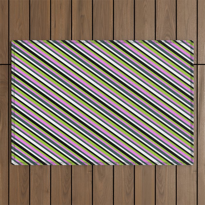 Vibrant Green, Violet, Dark Slate Gray, White & Black Colored Lined Pattern Outdoor Rug