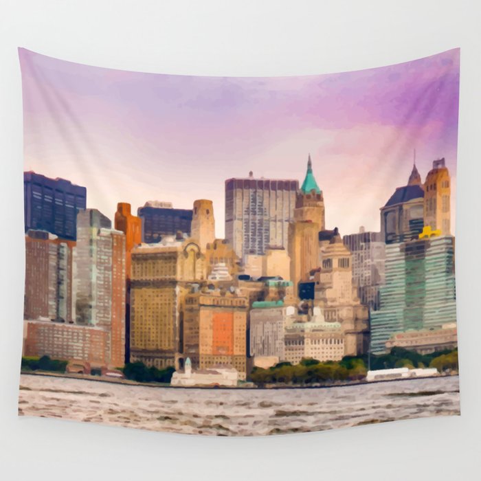 Painting of a very Purple Summer's Sunset over the Skyscrapers of New York City Wall Tapestry