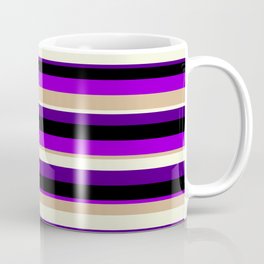 [ Thumbnail: Colorful Black, Dark Violet, Tan, Beige, and Indigo Colored Lined/Striped Pattern Coffee Mug ]