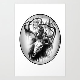 Deer Skull with Tree Branch Antlers and Crow Art Print