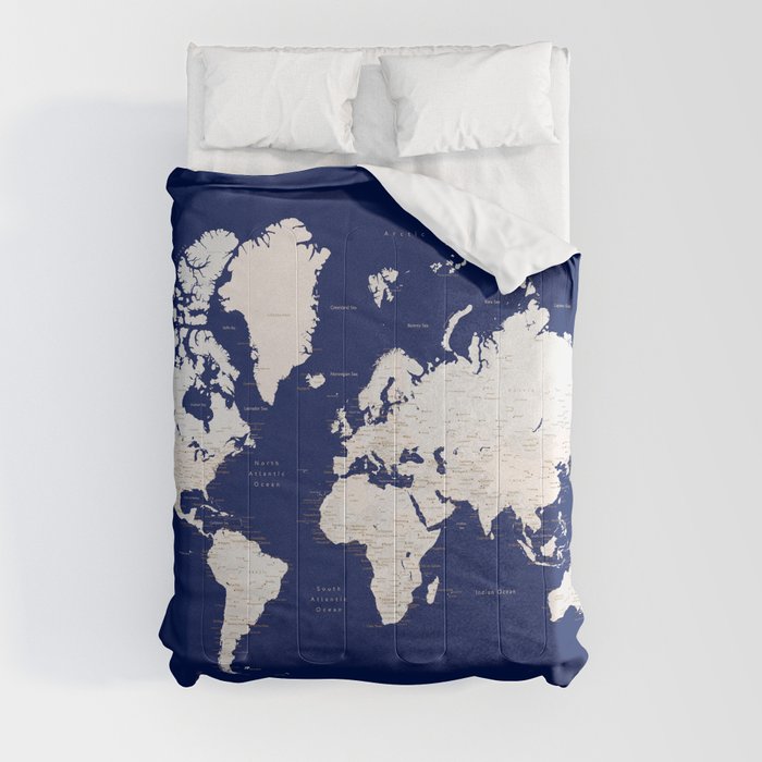 Navy blue and light brown detailed world map "Gavin" Comforter