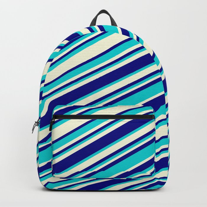 Beige, Blue & Dark Turquoise Colored Striped/Lined Pattern Backpack