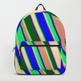 [ Thumbnail: Green, Beige, Dark Salmon, Blue & Dark Green Colored Striped/Lined Pattern Backpack ]
