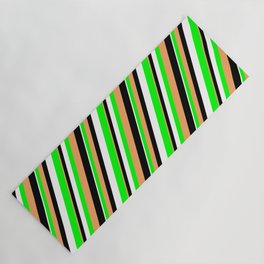 [ Thumbnail: Brown, Black, White & Lime Colored Lined/Striped Pattern Yoga Mat ]