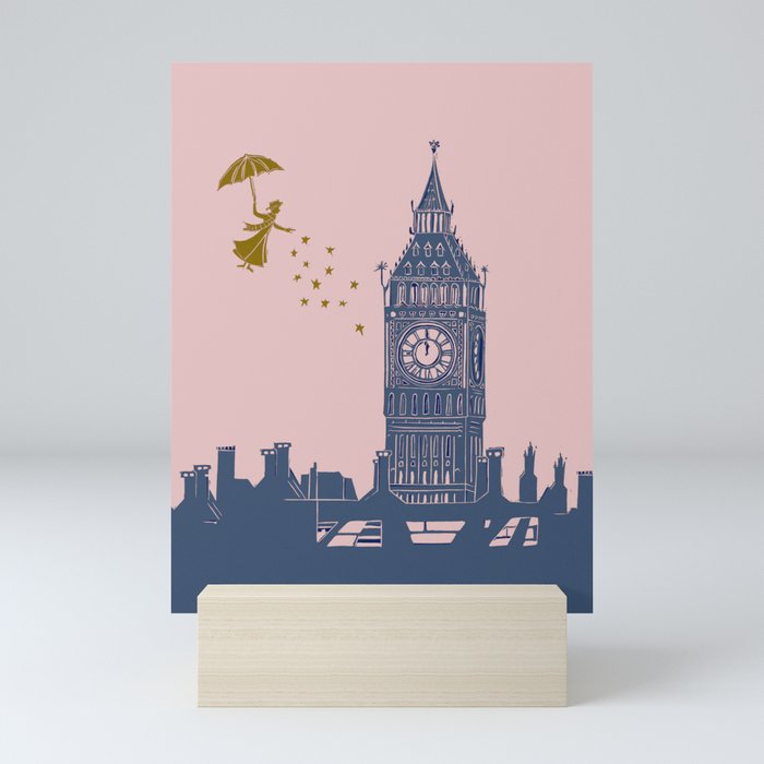 Mary Poppins and Big Ben in Pink and Blue Mini Art Print