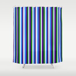 [ Thumbnail: Blue, Lavender, Green, and Indigo Colored Pattern of Stripes Shower Curtain ]