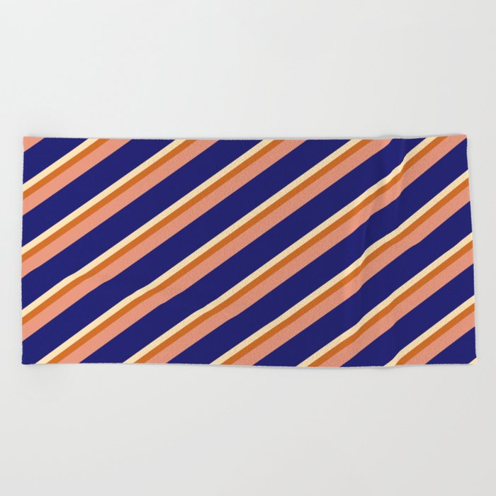 Beige, Chocolate, Dark Salmon, and Midnight Blue Colored Pattern of Stripes Beach Towel