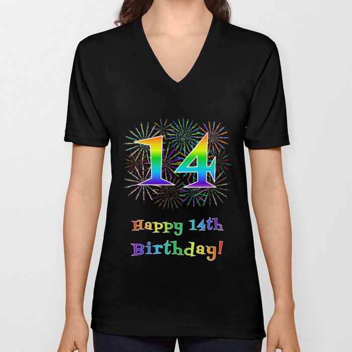 14th Birthday - Fun Rainbow Spectrum Gradient Pattern Text, Bursting Fireworks Inspired Background V Neck T Shirt