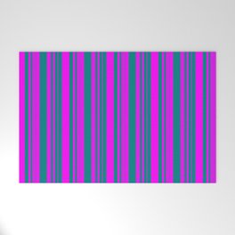 [ Thumbnail: Teal and Fuchsia Colored Pattern of Stripes Welcome Mat ]